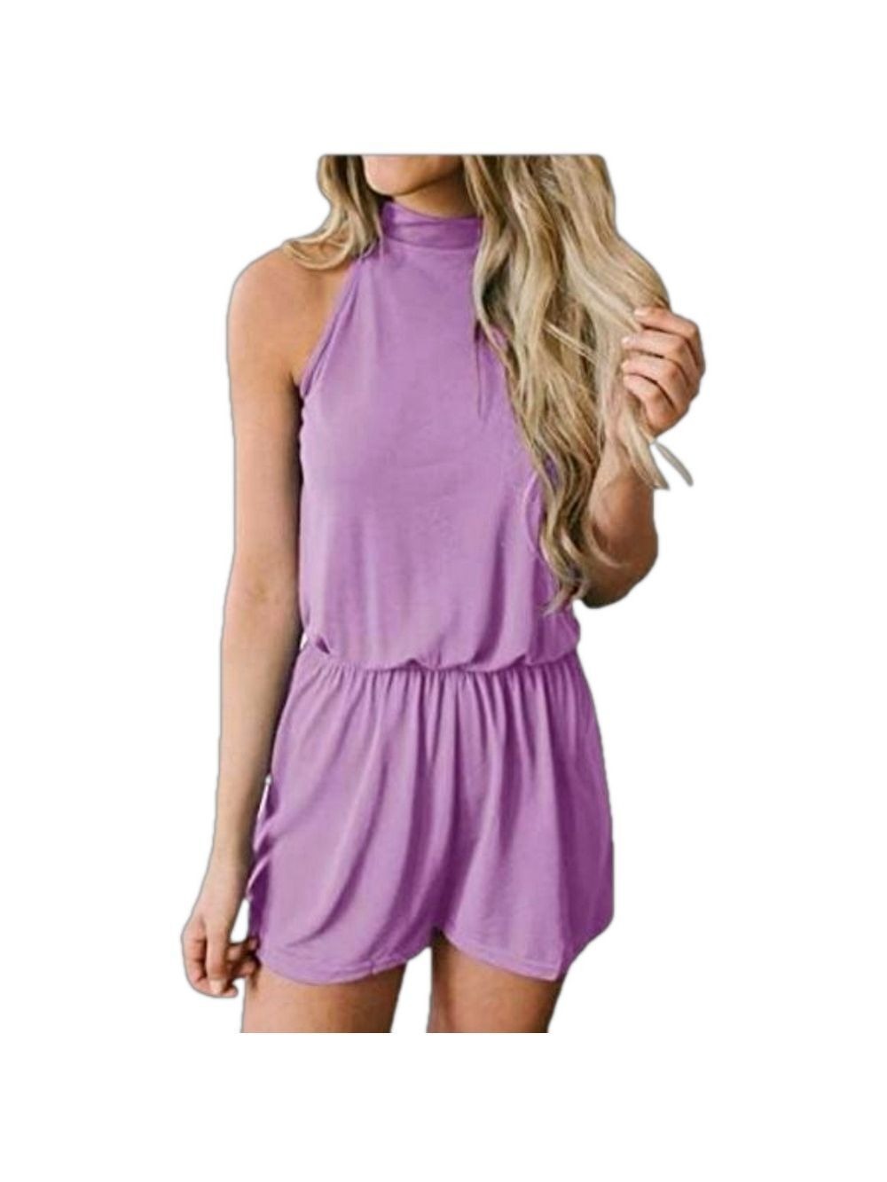 MEROKEETY Lilac Halter Romper with Pockets, Size S